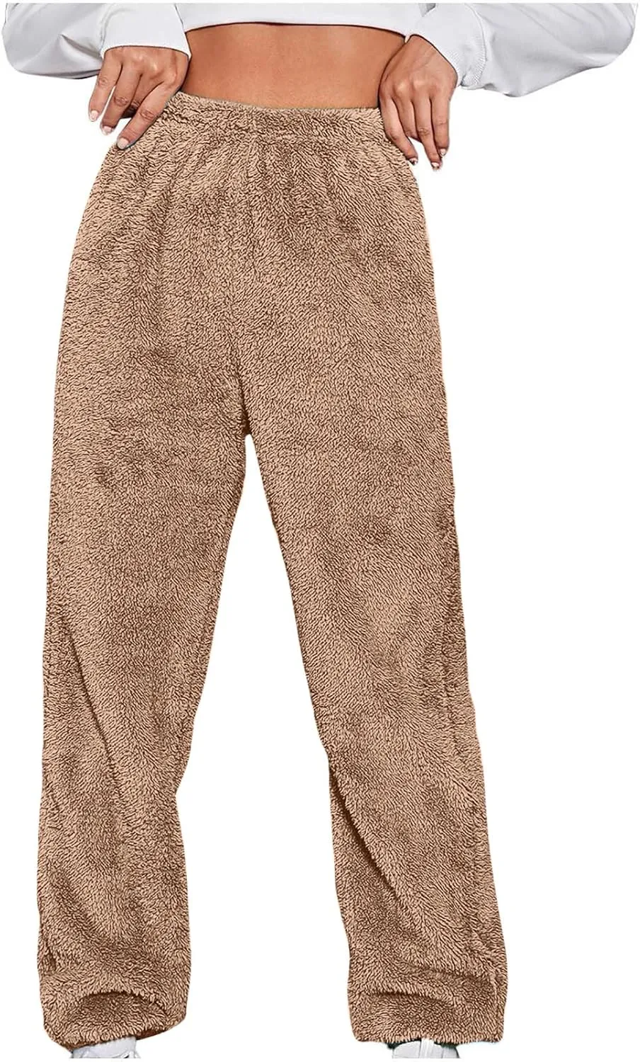 Women's Fuzzy Fleece Pants Comfy Warm Sherpa Winter Pajamas High Waisted Elastic Casual Loose Fit Pants