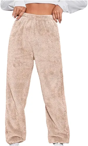 Women's Fuzzy Fleece Pants Comfy Warm Sherpa Winter Pajamas High Waisted Elastic Casual Loose Fit Pants