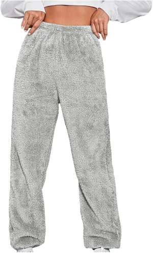 Women's Fuzzy Fleece Pants Comfy Warm Sherpa Winter Pajamas High Waisted Elastic Casual Loose Fit Pants