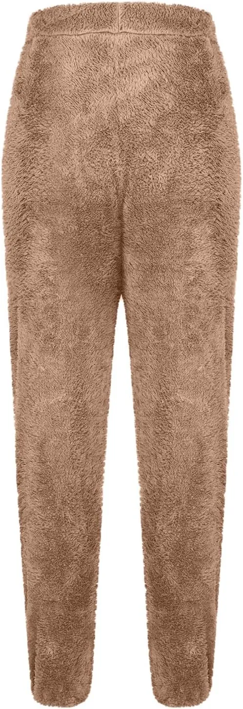 Women's Fuzzy Fleece Pants Comfy Warm Sherpa Winter Pajamas High Waisted Elastic Casual Loose Fit Pants