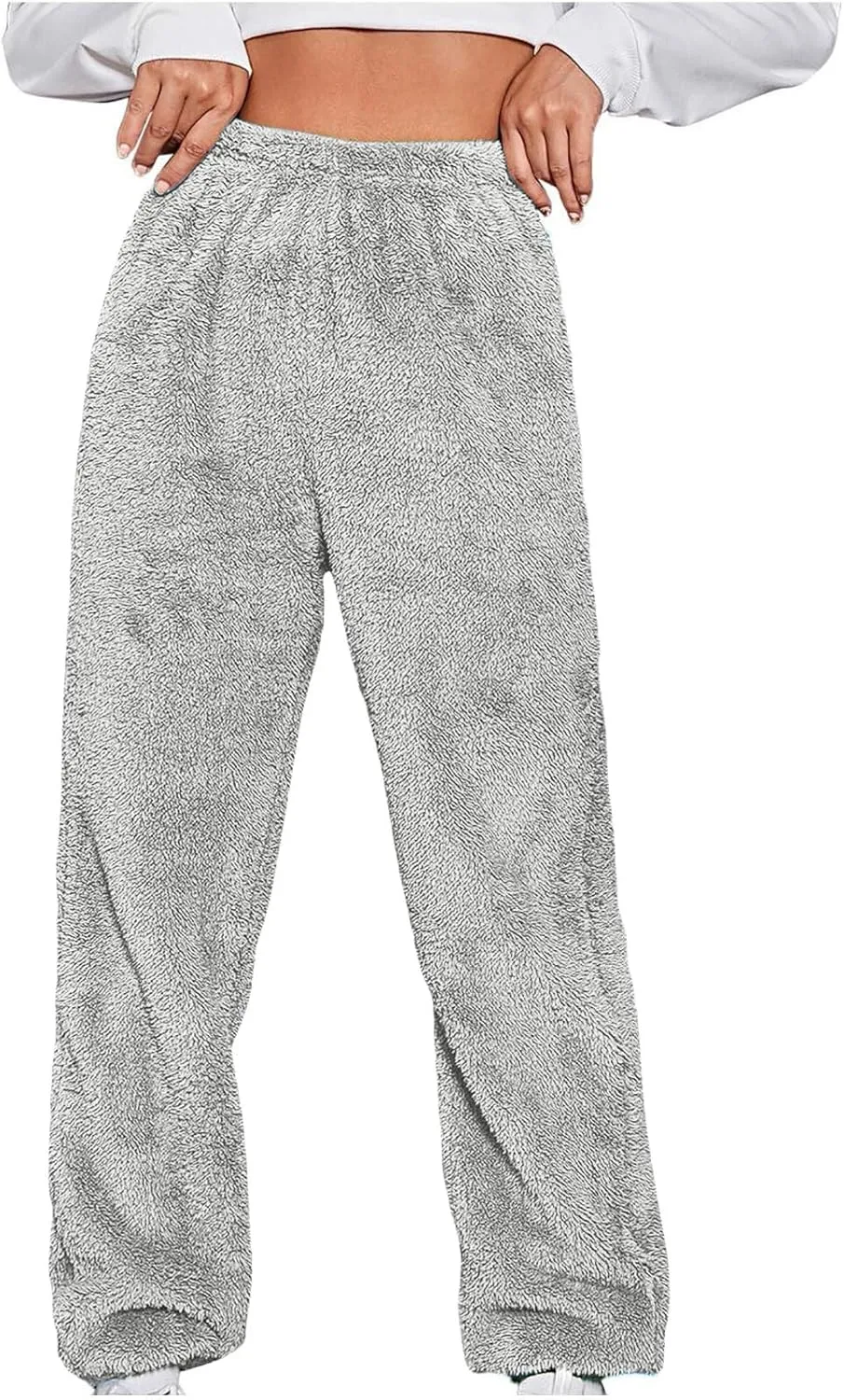 Women's Fuzzy Fleece Pants Comfy Warm Sherpa Winter Pajamas High Waisted Elastic Casual Loose Fit Pants