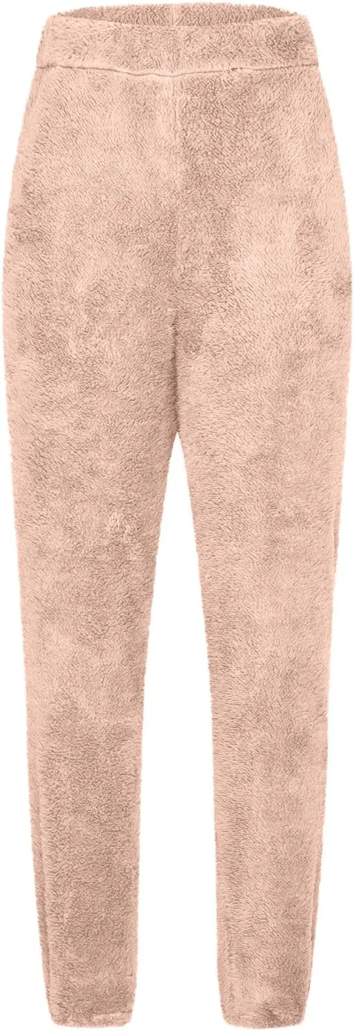 Women's Fuzzy Fleece Pants Comfy Warm Sherpa Winter Pajamas High Waisted Elastic Casual Loose Fit Pants