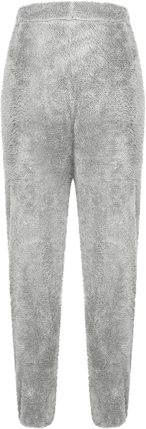 Women's Fuzzy Fleece Pants Comfy Warm Sherpa Winter Pajamas High Waisted Elastic Casual Loose Fit Pants
