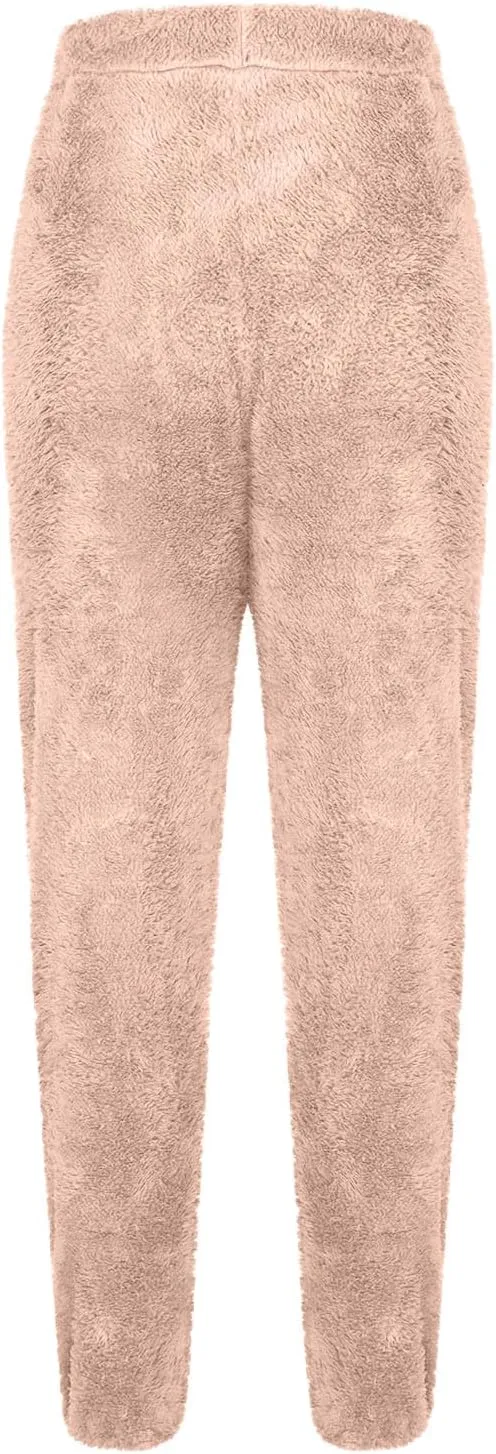 Women's Fuzzy Fleece Pants Comfy Warm Sherpa Winter Pajamas High Waisted Elastic Casual Loose Fit Pants