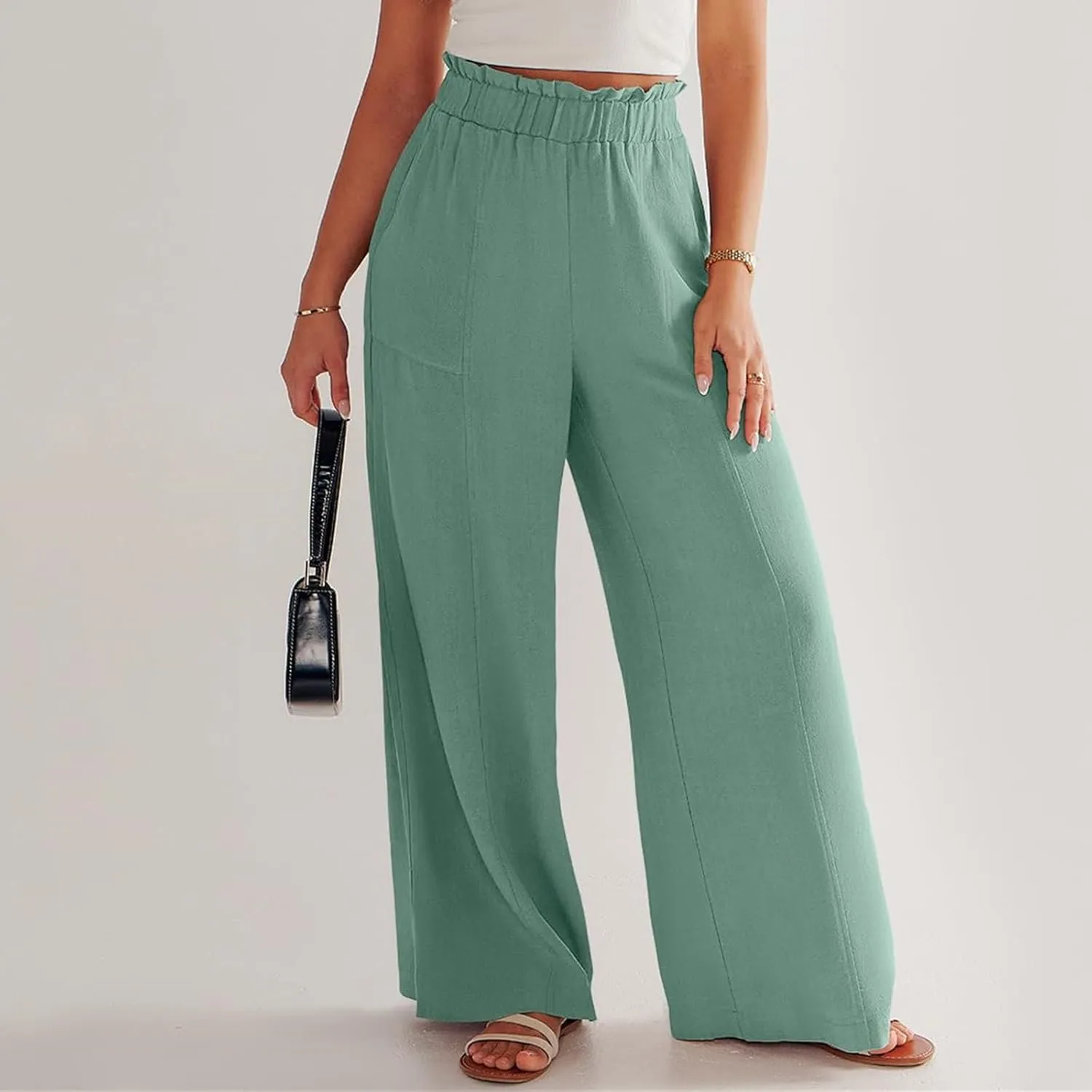 Women's Linen High Waisted Pants Palazzo Elastic Wide Leg Pant Flowy Beach Trousers for Summer Travel with Pockets