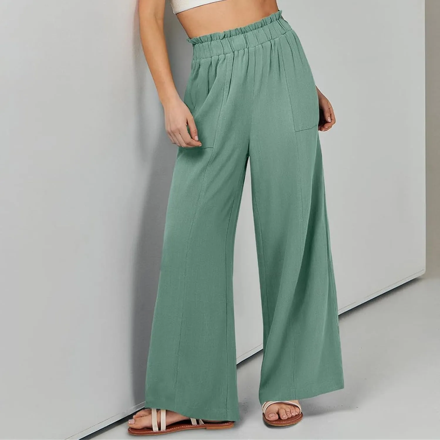 Women's Linen High Waisted Pants Palazzo Elastic Wide Leg Pant Flowy Beach Trousers for Summer Travel with Pockets
