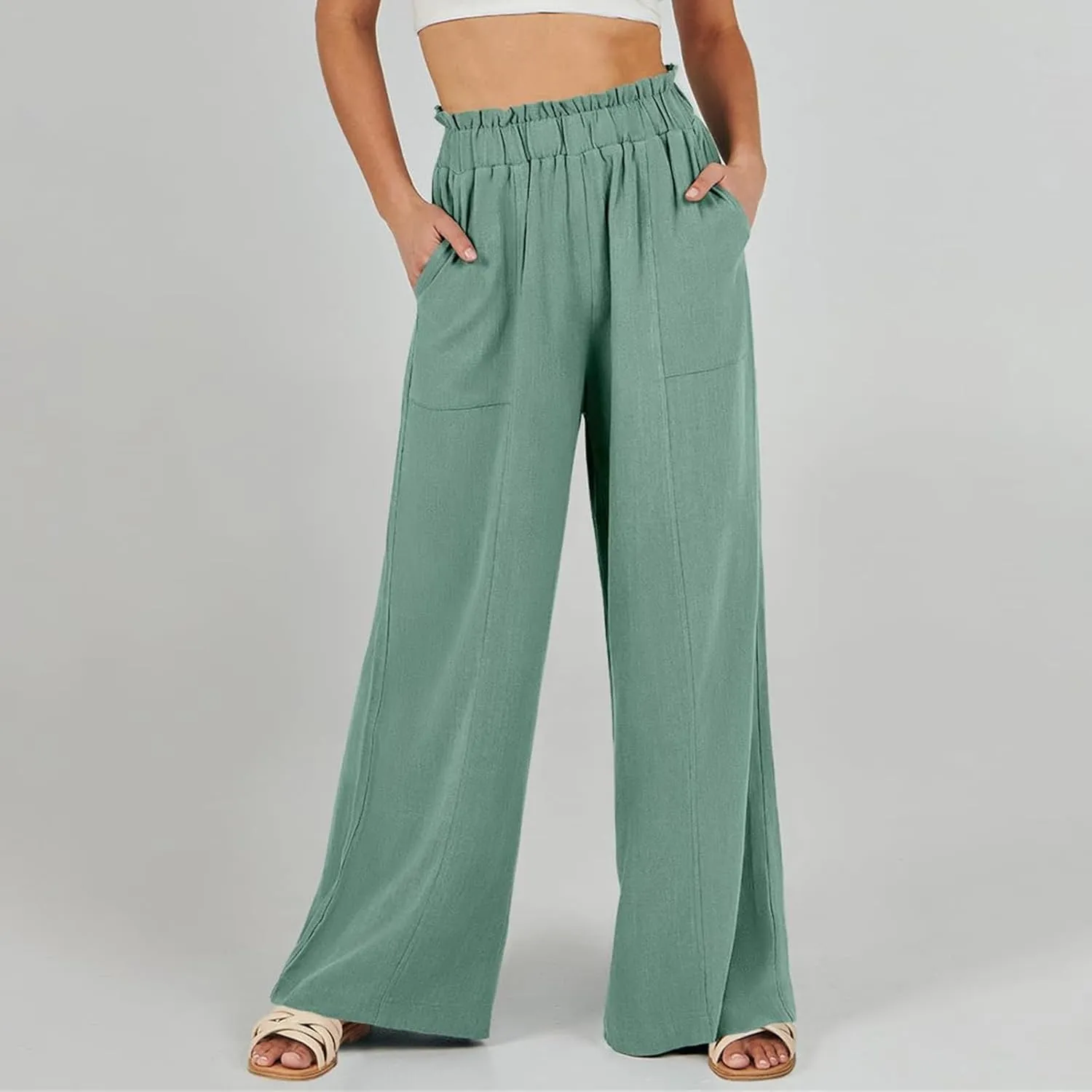 Women's Linen High Waisted Pants Palazzo Elastic Wide Leg Pant Flowy Beach Trousers for Summer Travel with Pockets