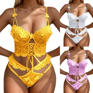 Women's Lingerie Lace Underwear Set Garter Belt Underwire Bra Panty 4 Piece Set S-XXL Lingerie Loungewear
