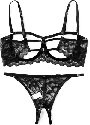 Womens Lingerie - Sheer Lace Mesh Womens Lingerie - V Shaped Thong Open Lingerie For Women