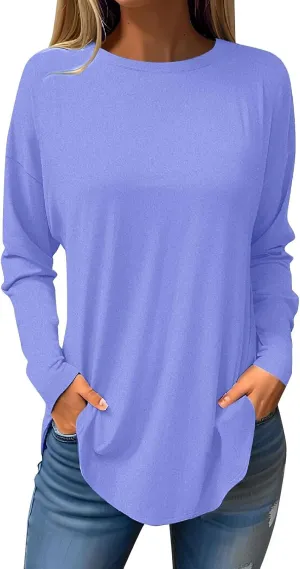 Women's Long Sleeve T-Shirts Round Neck Solid Shirt Fall Y2k Sweatshirts Loose Fit Vintage Pullover Comfy Tunic Tops
