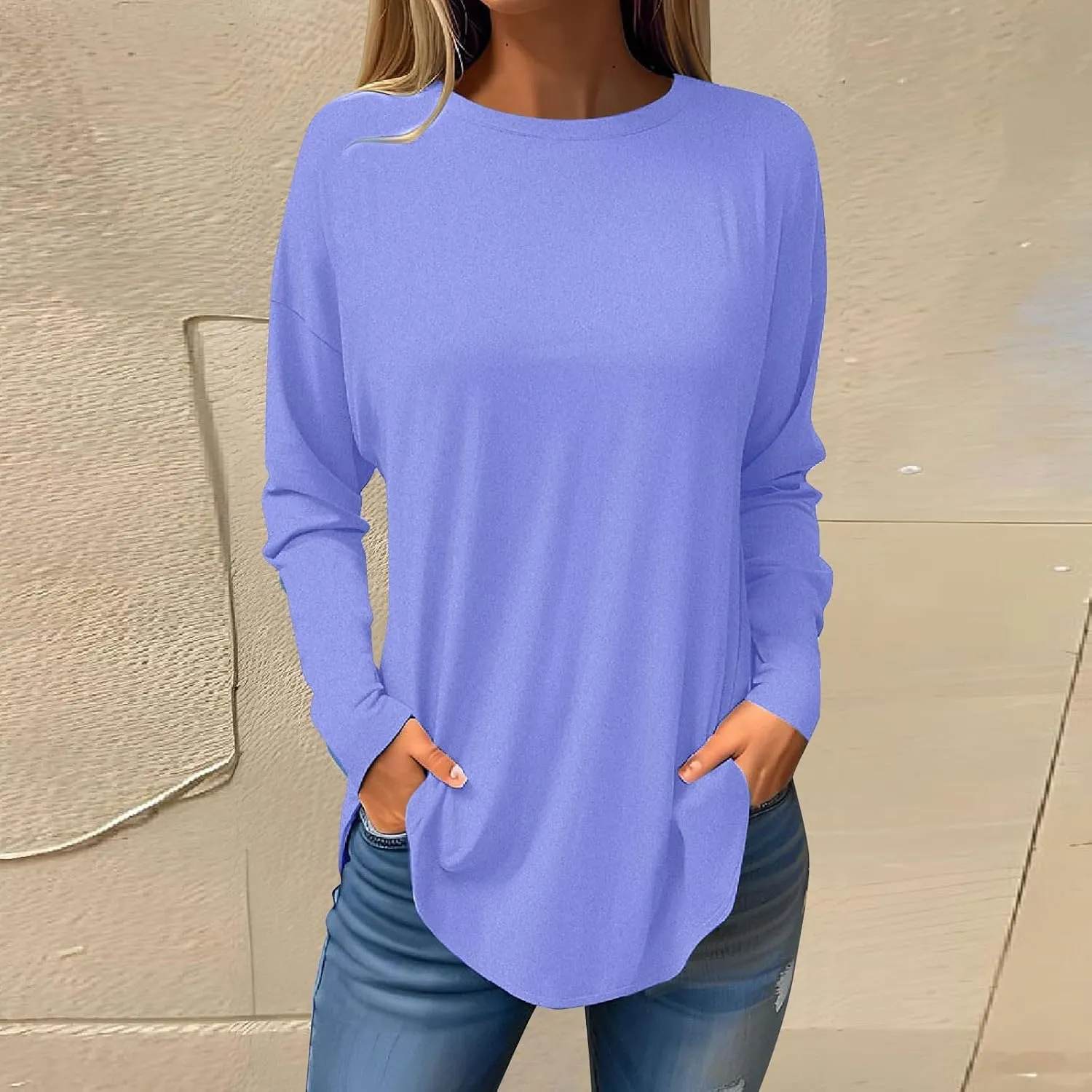 Women's Long Sleeve T-Shirts Round Neck Solid Shirt Fall Y2k Sweatshirts Loose Fit Vintage Pullover Comfy Tunic Tops