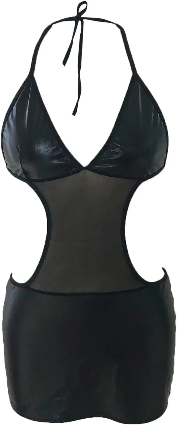 Women's Nightie Lingerie Sets for Women Sexy See Through Chemise Babydoll Mesh Patent Leather Color Block Exotic Lace