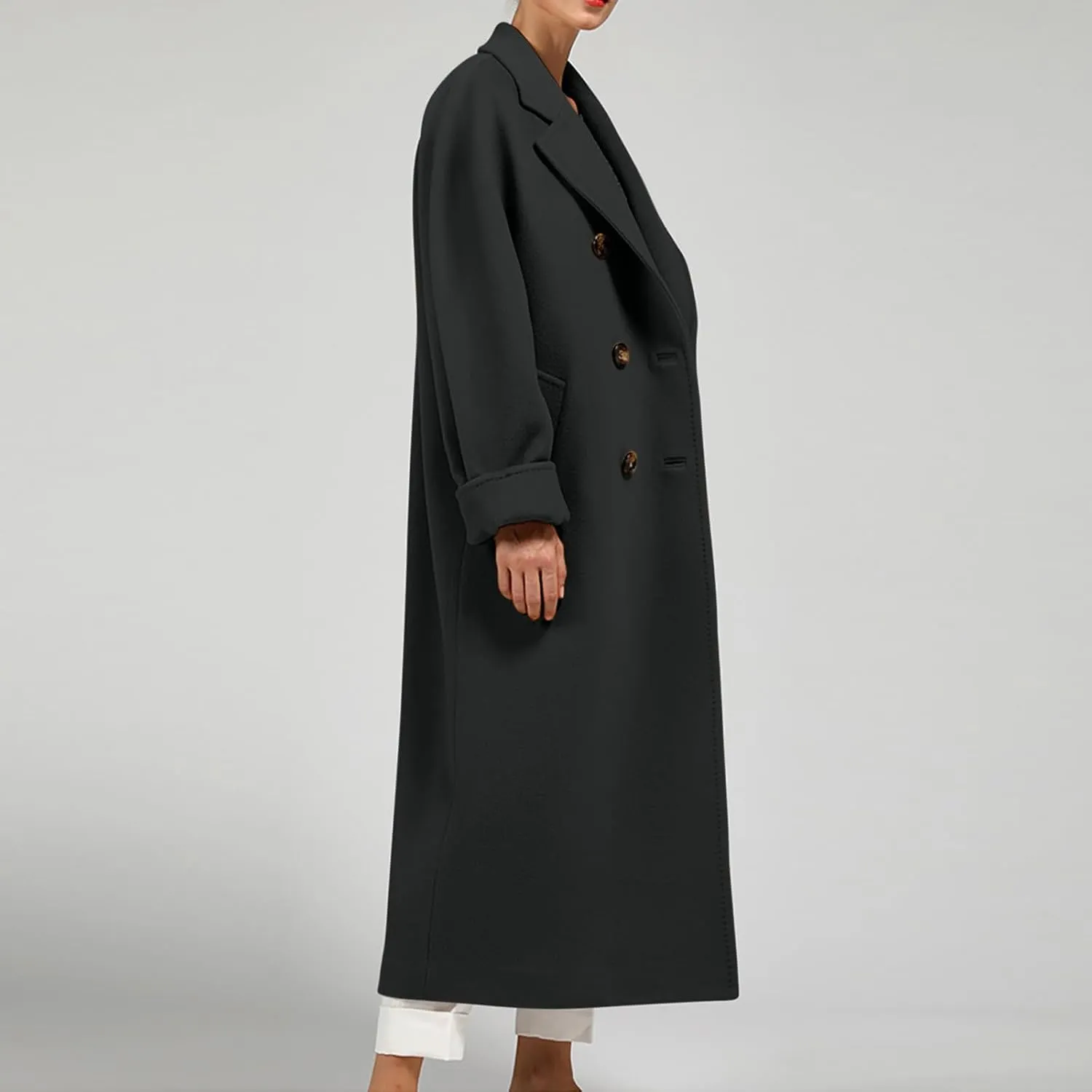 Women's Notch Lapel Double Breasted Wool Blend Mid Long Pea Trench Coat Lapel Elegant Winter Coats Outwear with Belt