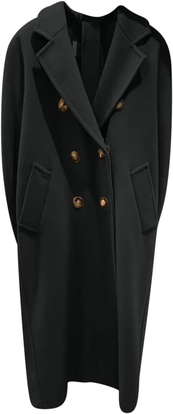 Women's Notch Lapel Double Breasted Wool Blend Mid Long Pea Trench Coat Lapel Elegant Winter Coats Outwear with Belt