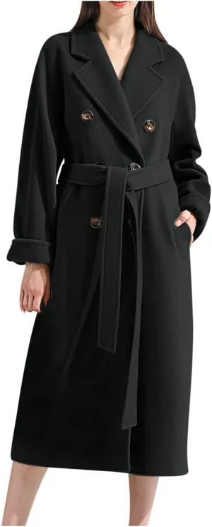 Women's Notch Lapel Double Breasted Wool Blend Mid Long Pea Trench Coat Lapel Elegant Winter Coats Outwear with Belt