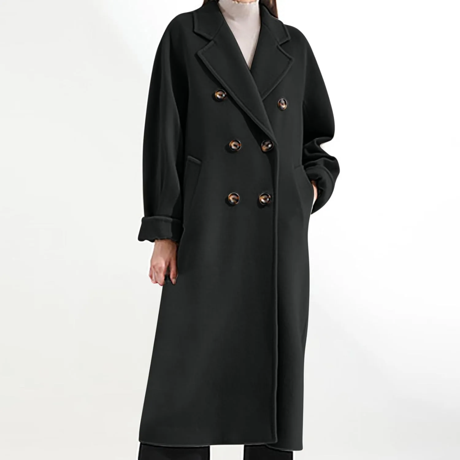 Women's Notch Lapel Double Breasted Wool Blend Mid Long Pea Trench Coat Lapel Elegant Winter Coats Outwear with Belt