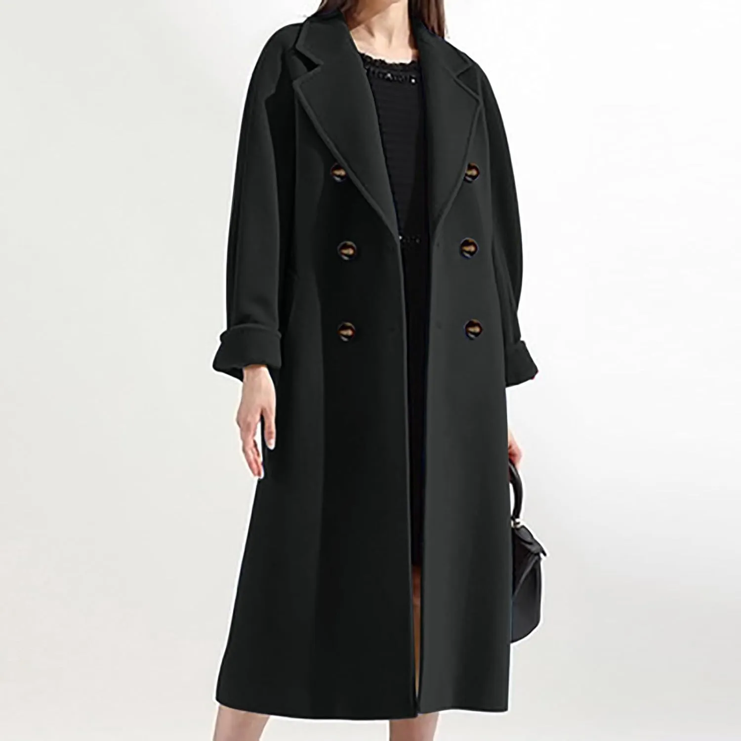 Women's Notch Lapel Double Breasted Wool Blend Mid Long Pea Trench Coat Lapel Elegant Winter Coats Outwear with Belt