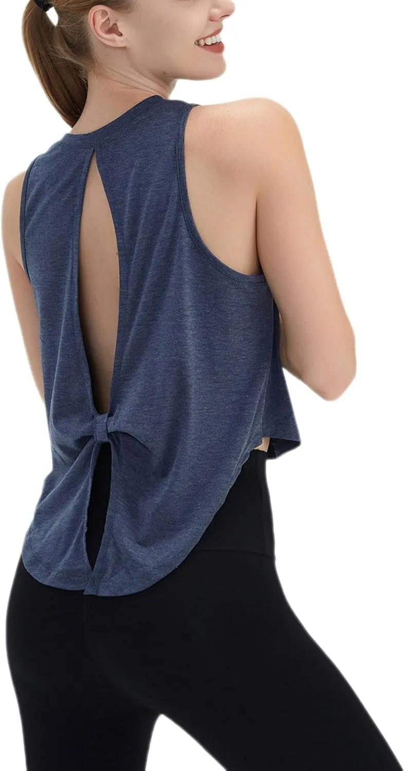Women's Open Back Workout Tank Tops Trendy Athletic Yoga Blouse Quick-Dry Sleeveless Tees Sports Running Gym Shirts