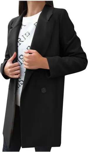 Womens Open Front Wool Coat Long Sleeve Notch Lapel Trench Coat Mid-Long Cardigan Pea Coat Casual Business Winter Coats