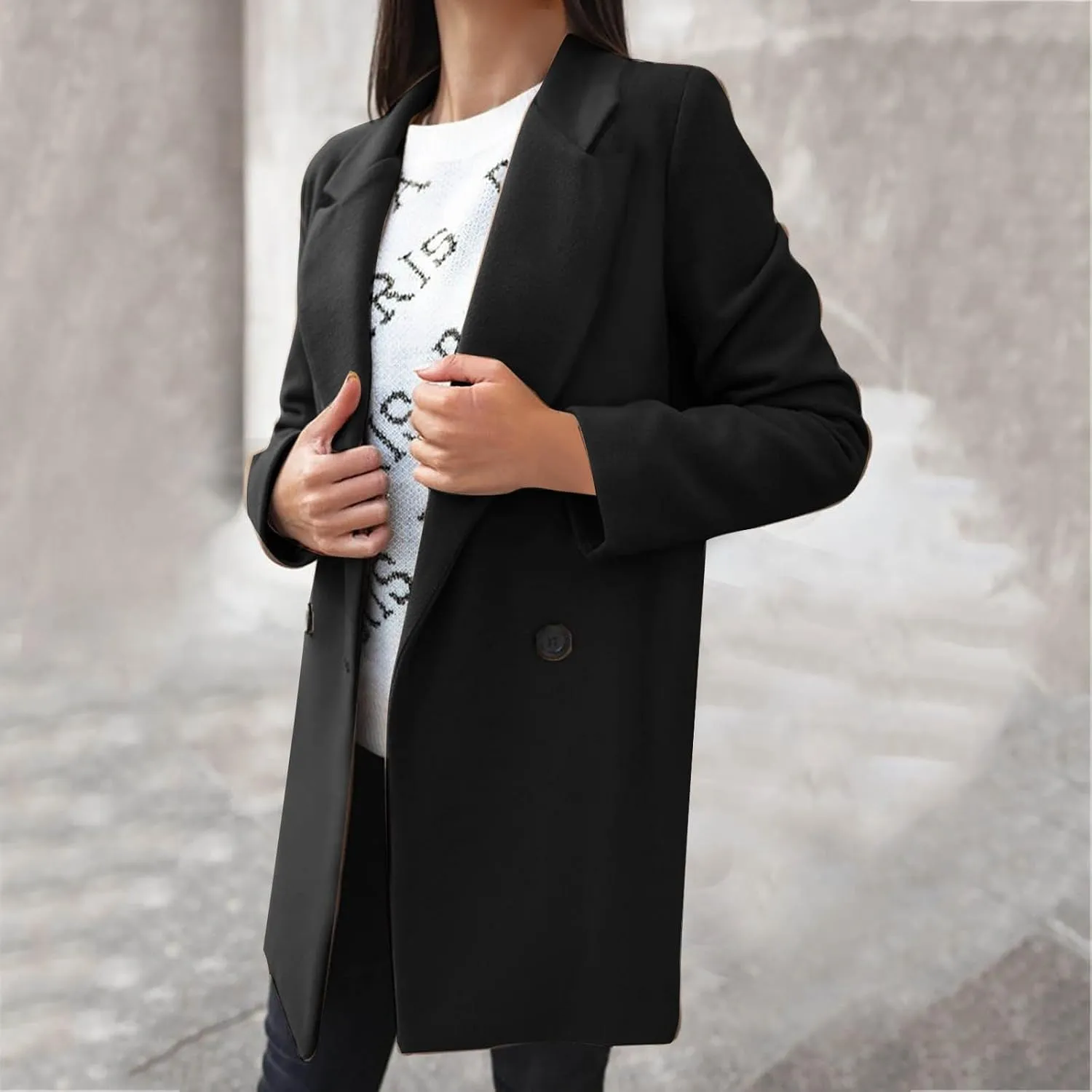 Womens Open Front Wool Coat Long Sleeve Notch Lapel Trench Coat Mid-Long Cardigan Pea Coat Casual Business Winter Coats