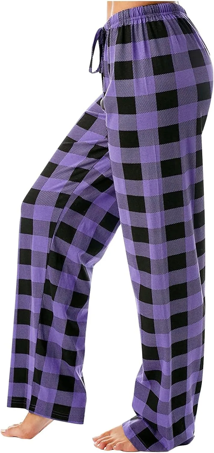 Womens Pajama Pants Fleece Pjs Wide Leg Plus Size Bottoms Family Checkered Soft Unisex Comfy Baggy Plaid