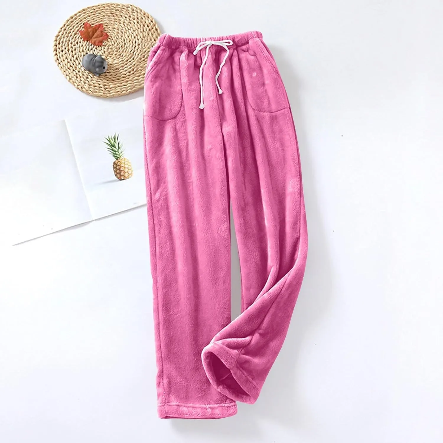 Womens Pajama Pants Winter Fleece Lined Drawstring Plain Pajama Pants Warm Flannel Pajama Pants with Pockets