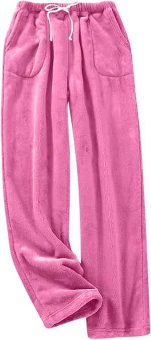 Womens Pajama Pants Winter Fleece Lined Drawstring Plain Pajama Pants Warm Flannel Pajama Pants with Pockets