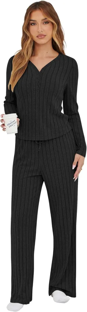 Womens Pajama Sets 2 Piece Lounge Pajamas Sets Casual Ribbed Knit Long Sleeve Matching Set Black