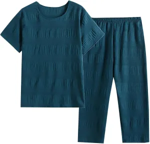 Womens Pajama Sets Cotton Linen Lounge Sets Short Sleeve Top with Capri Pants 2 Piece Textured Loungewear Outfits