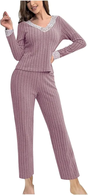 Womens Pajama Sets Lace V Neck Lounge Sets Ribbed Knit 2 Piece Loungewear Pjs Set Fall Winter Soft Loungewear