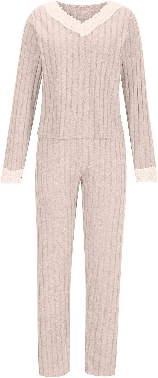 Womens Pajama Sets Lace V Neck Lounge Sets Ribbed Knit 2 Piece Loungewear Pjs Set Fall Winter Soft Loungewear