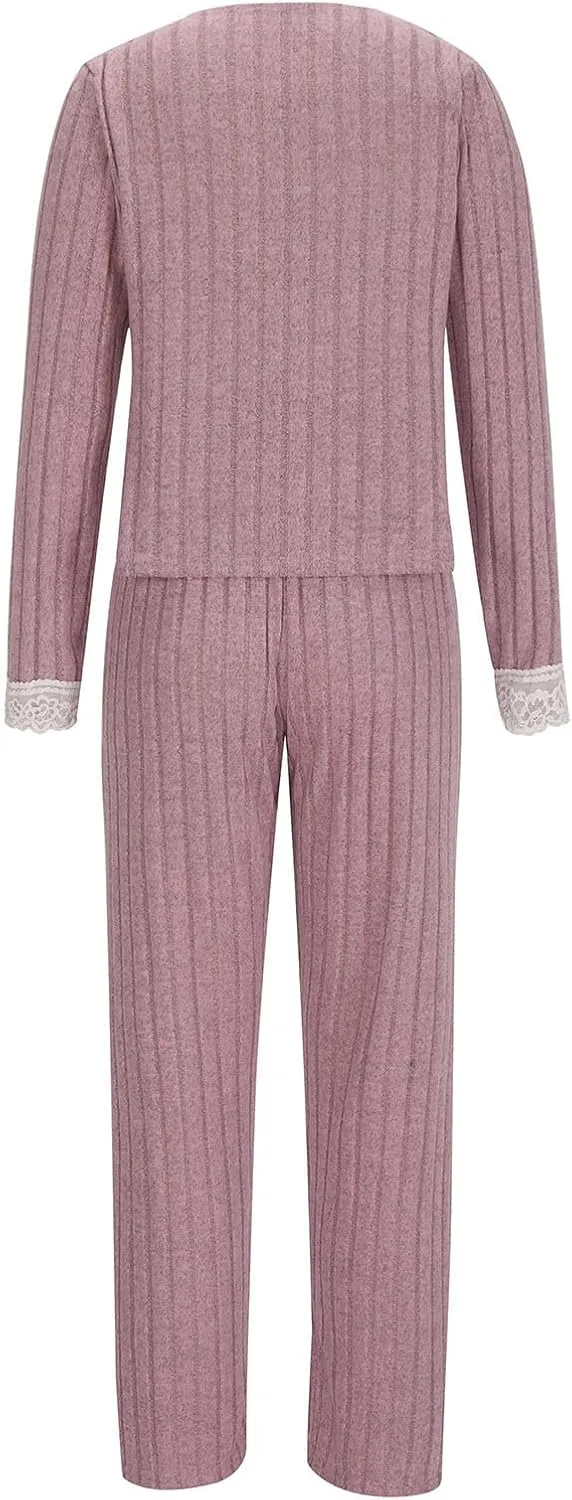 Womens Pajama Sets Lace V Neck Lounge Sets Ribbed Knit 2 Piece Loungewear Pjs Set Fall Winter Soft Loungewear