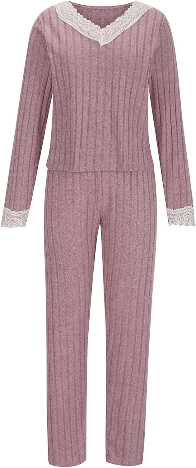 Womens Pajama Sets Lace V Neck Lounge Sets Ribbed Knit 2 Piece Loungewear Pjs Set Fall Winter Soft Loungewear