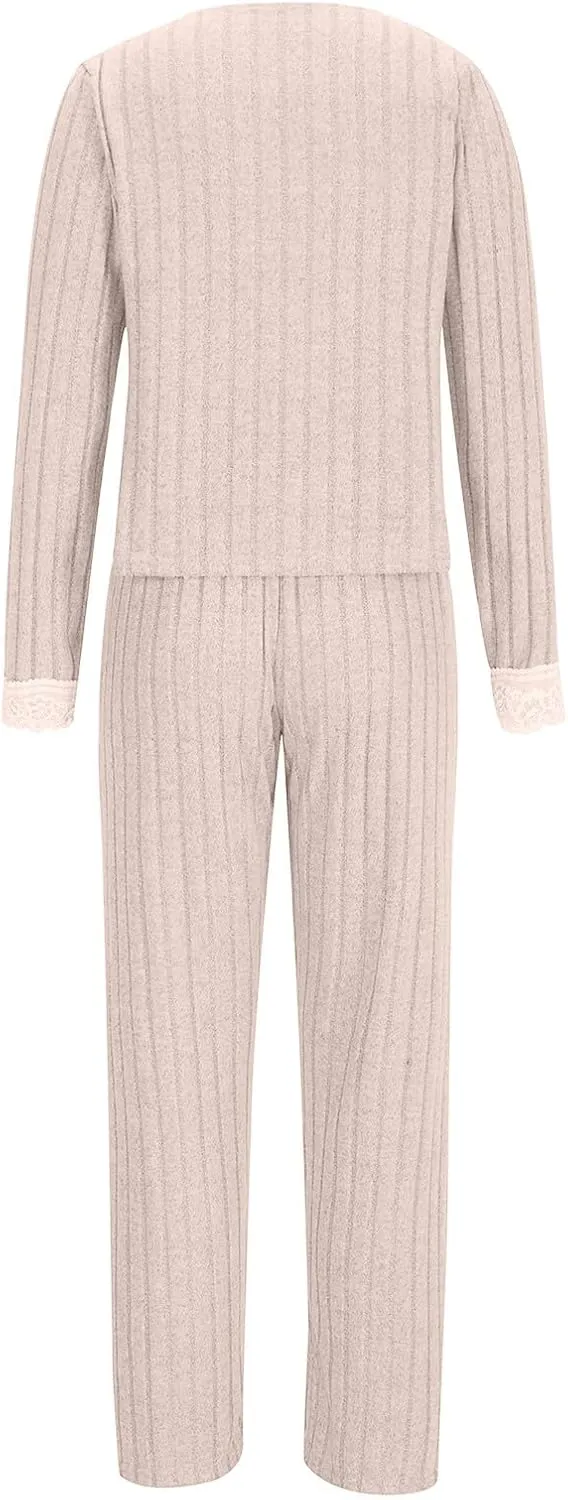 Womens Pajama Sets Lace V Neck Lounge Sets Ribbed Knit 2 Piece Loungewear Pjs Set Fall Winter Soft Loungewear