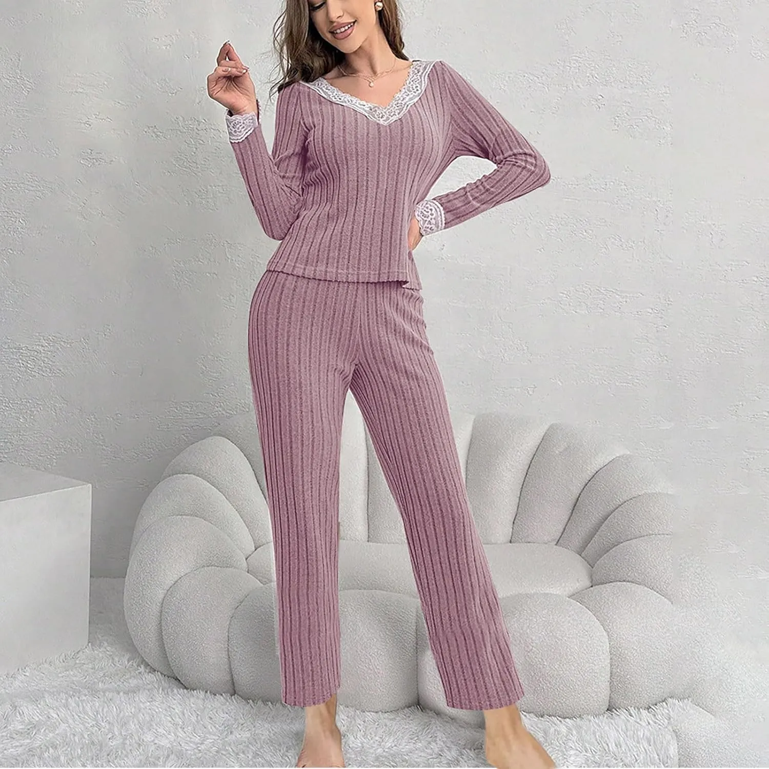 Womens Pajama Sets Lace V Neck Lounge Sets Ribbed Knit 2 Piece Loungewear Pjs Set Fall Winter Soft Loungewear