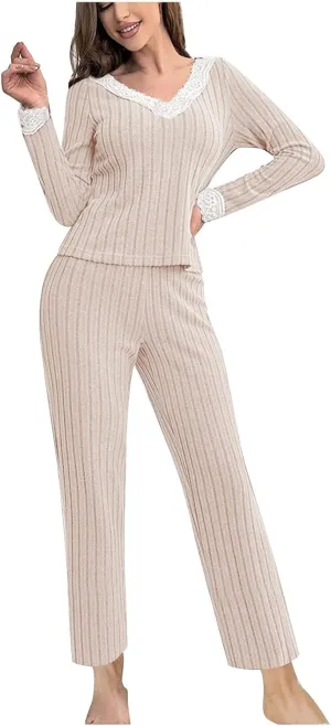 Womens Pajama Sets Lace V Neck Lounge Sets Ribbed Knit 2 Piece Loungewear Pjs Set Fall Winter Soft Loungewear