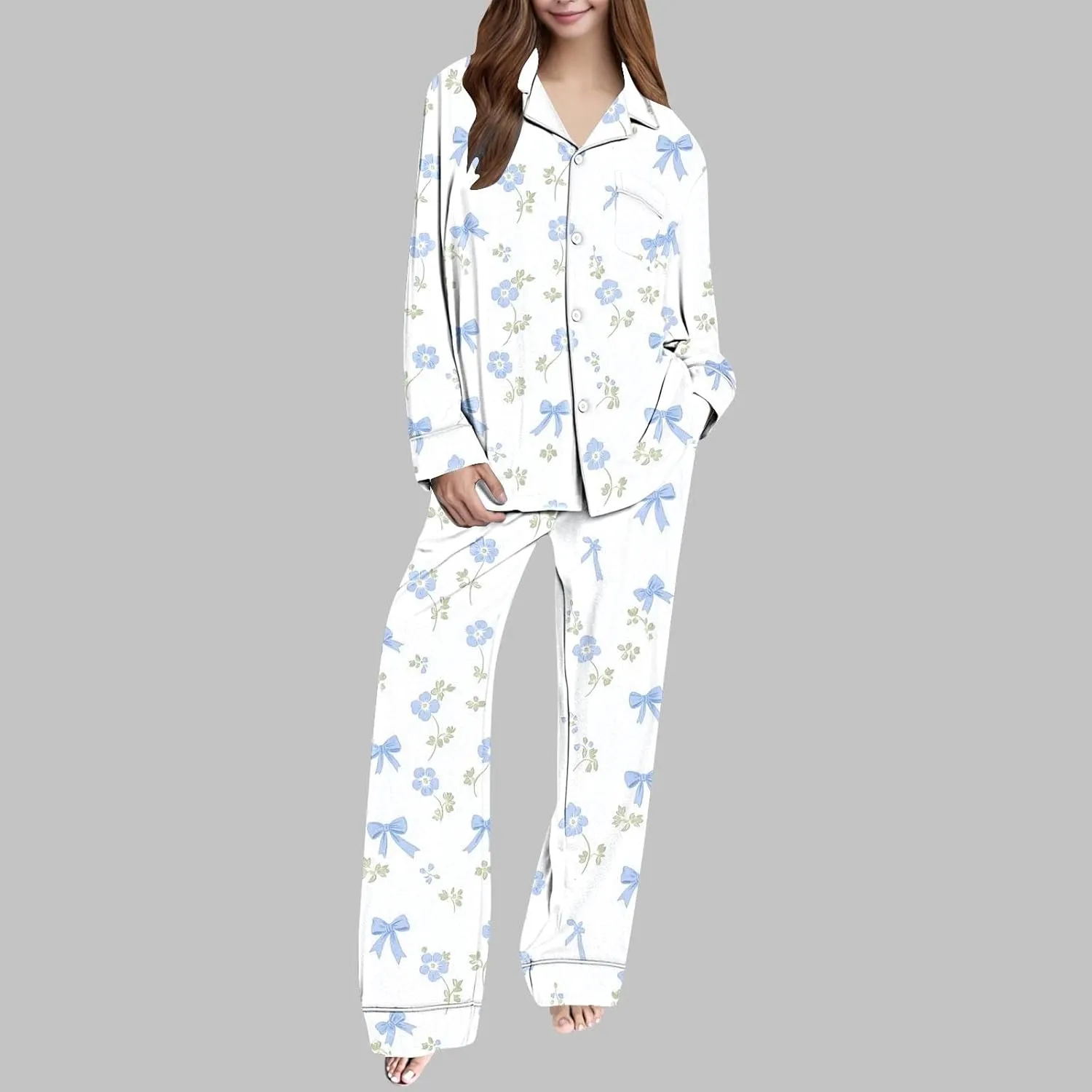 Women's Pajama Sets Loose Fit Long Sleeve Button down Shirts with Casual Long Pants Fashion Print 2 Sets Sleepwear