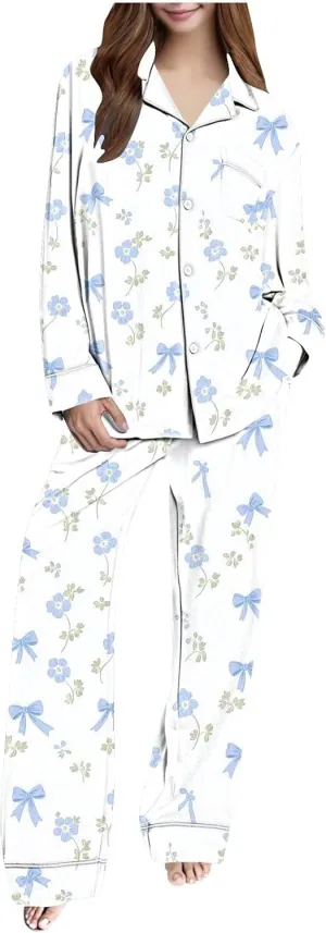 Women's Pajama Sets Loose Fit Long Sleeve Button down Shirts with Casual Long Pants Fashion Print 2 Sets Sleepwear
