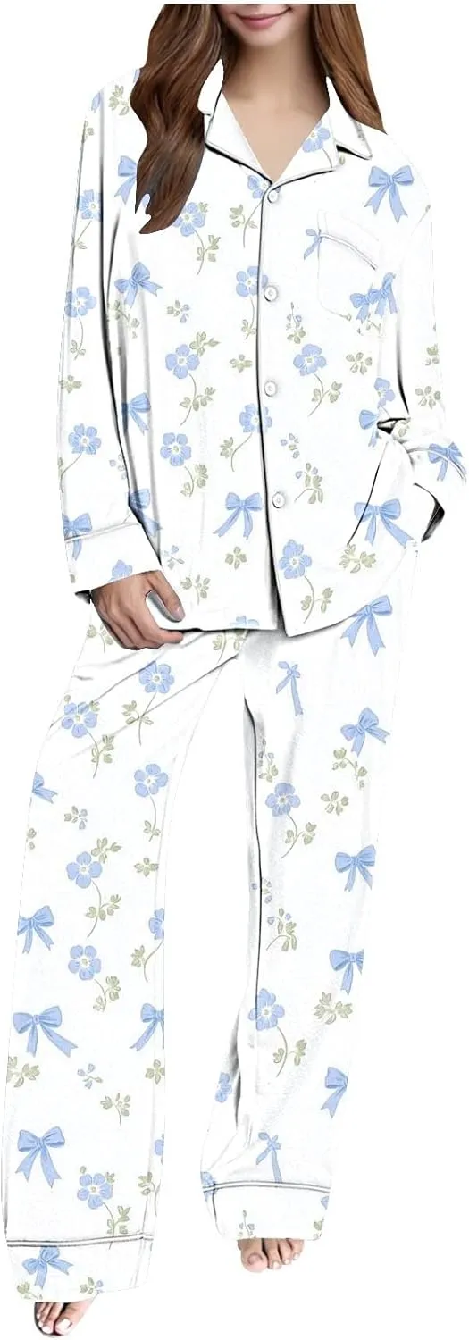 Women's Pajama Sets Loose Fit Long Sleeve Button down Shirts with Casual Long Pants Fashion Print 2 Sets Sleepwear