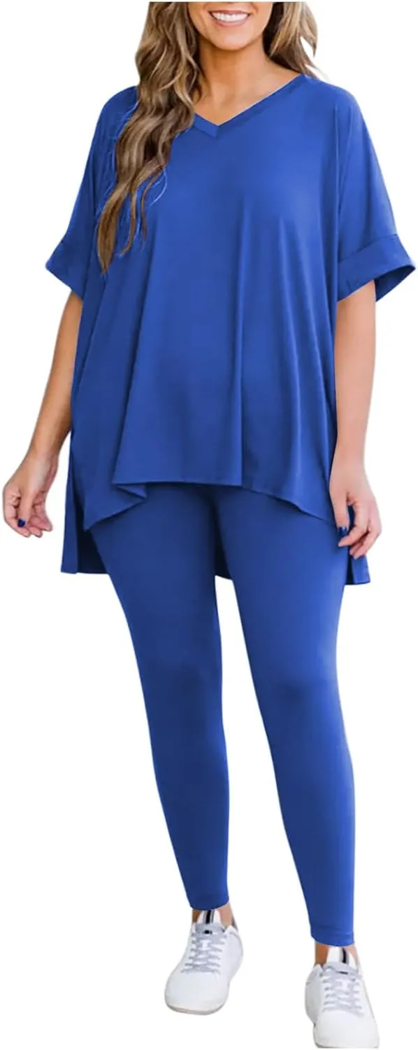 Womens Pajama Sets Oversized Short Sleeve Top and Legging Pants Lounge Sets 2 Piece Soft Sleepwear Loungwear Set