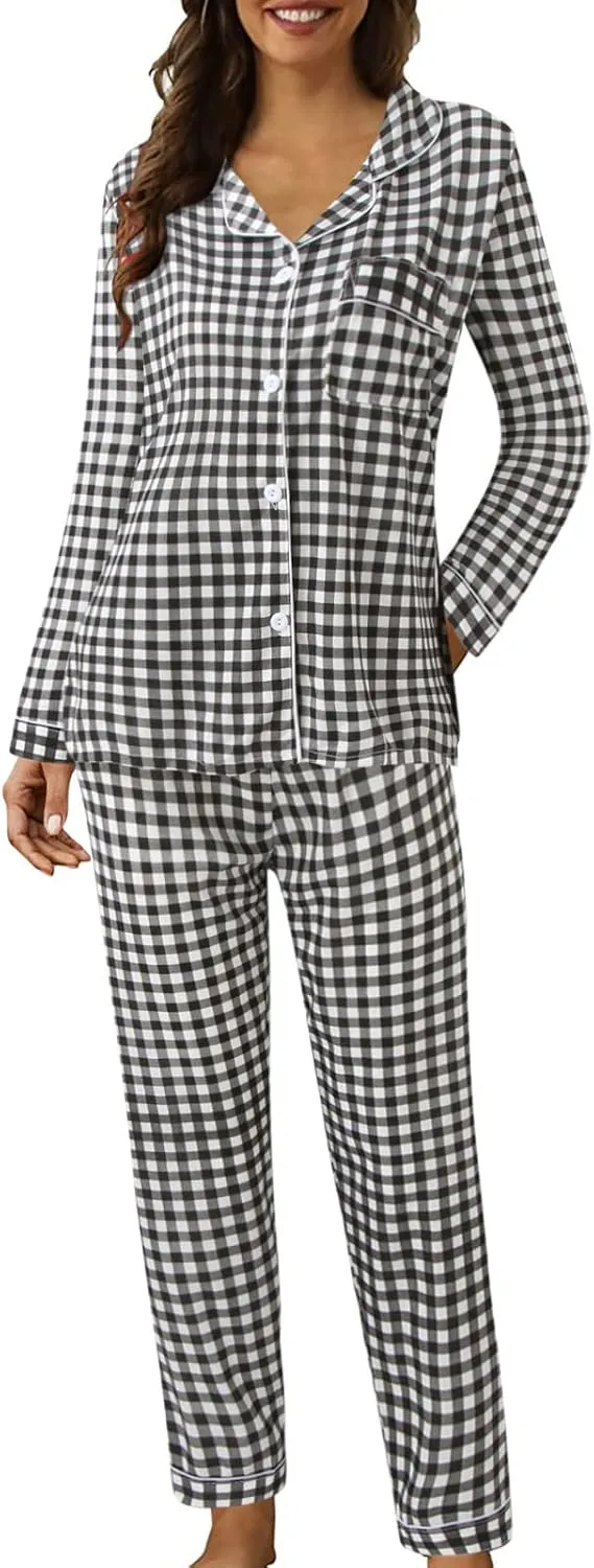 Womens Pajama Sets Women Casual Lapel Button Print Two Long Sleeve Pajamas Pajamas Fall Ribbed Color Block Lounge
