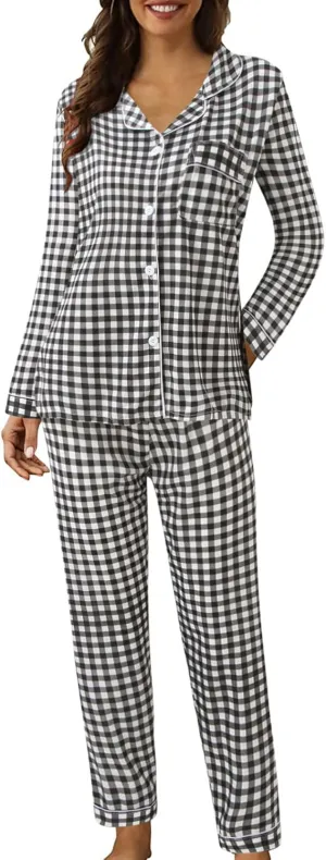 Womens Pajama Sets Women Casual Lapel Button Print Two Long Sleeve Pajamas Pajamas Fall Ribbed Color Block Lounge