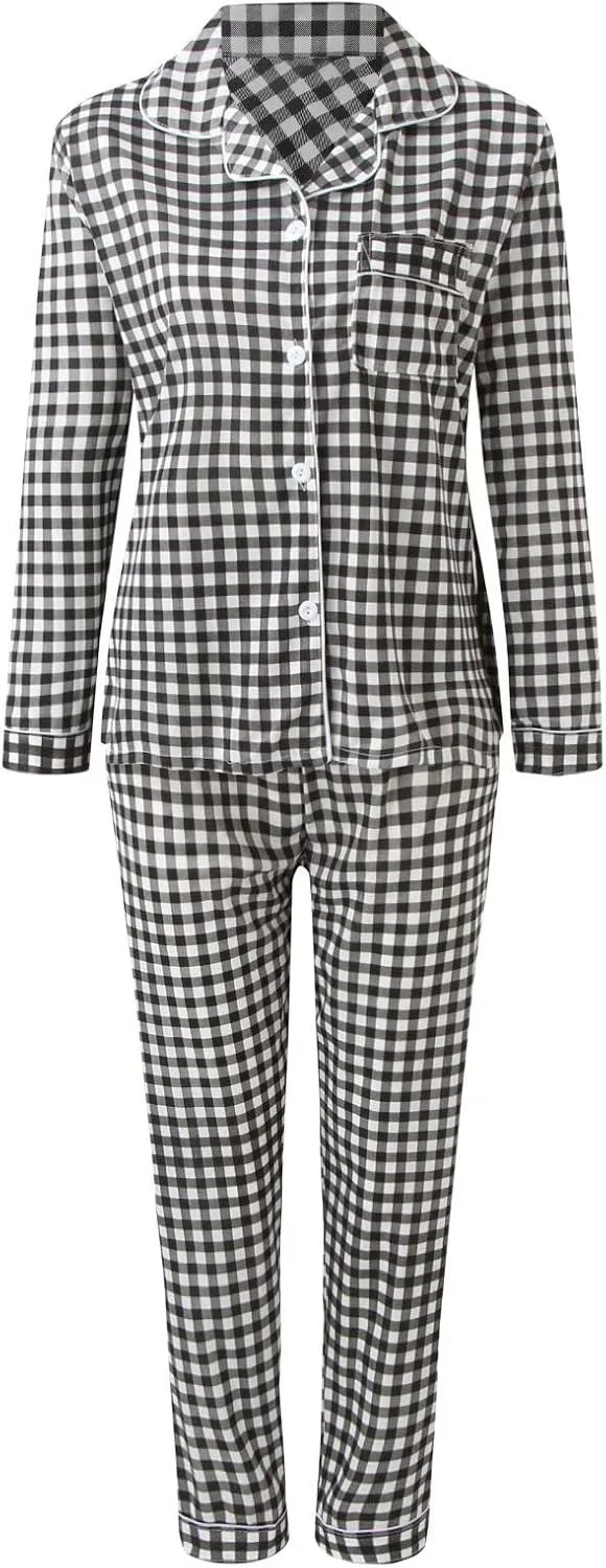 Womens Pajama Sets Women Casual Lapel Button Print Two Long Sleeve Pajamas Pajamas Fall Ribbed Color Block Lounge