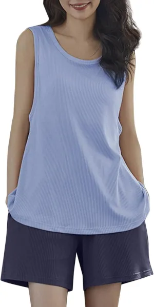 Women's Pajama Short Set Soft 2 Pieces Pjs Sets Tank Top with Built in Bra and Shorts Sleepwear Summer Cooling Pajamas