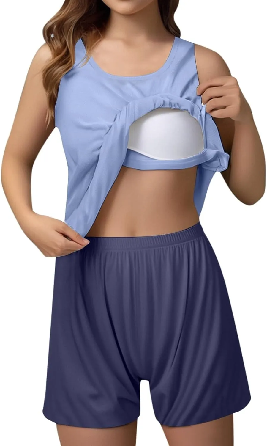 Women's Pajama Short Set Soft 2 Pieces Pjs Sets Tank Top with Built in Bra and Shorts Sleepwear Summer Cooling Pajamas