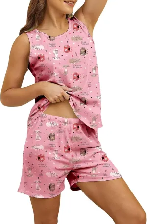 Women's Pajamas 2 Piece Pajama Sets Women Cotton Sleepwear Short Sets Tank&Short Pajamas Oversized Top Biker Shorts