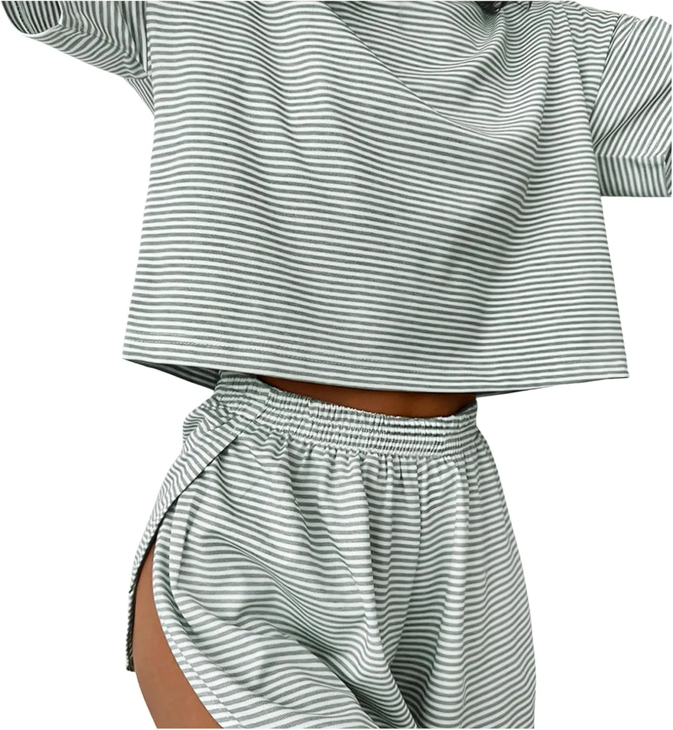 Women's Pajamas 2 Piece Set Striped Short Sleeve T Shirt Loose Fit Split Sleep Shorts Comfort Lounge Pjs Sets Homewear 2025