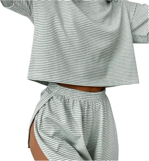 Women's Pajamas 2 Piece Set Striped Short Sleeve T Shirt Loose Fit Split Sleep Shorts Comfort Lounge Pjs Sets Homewear 2025