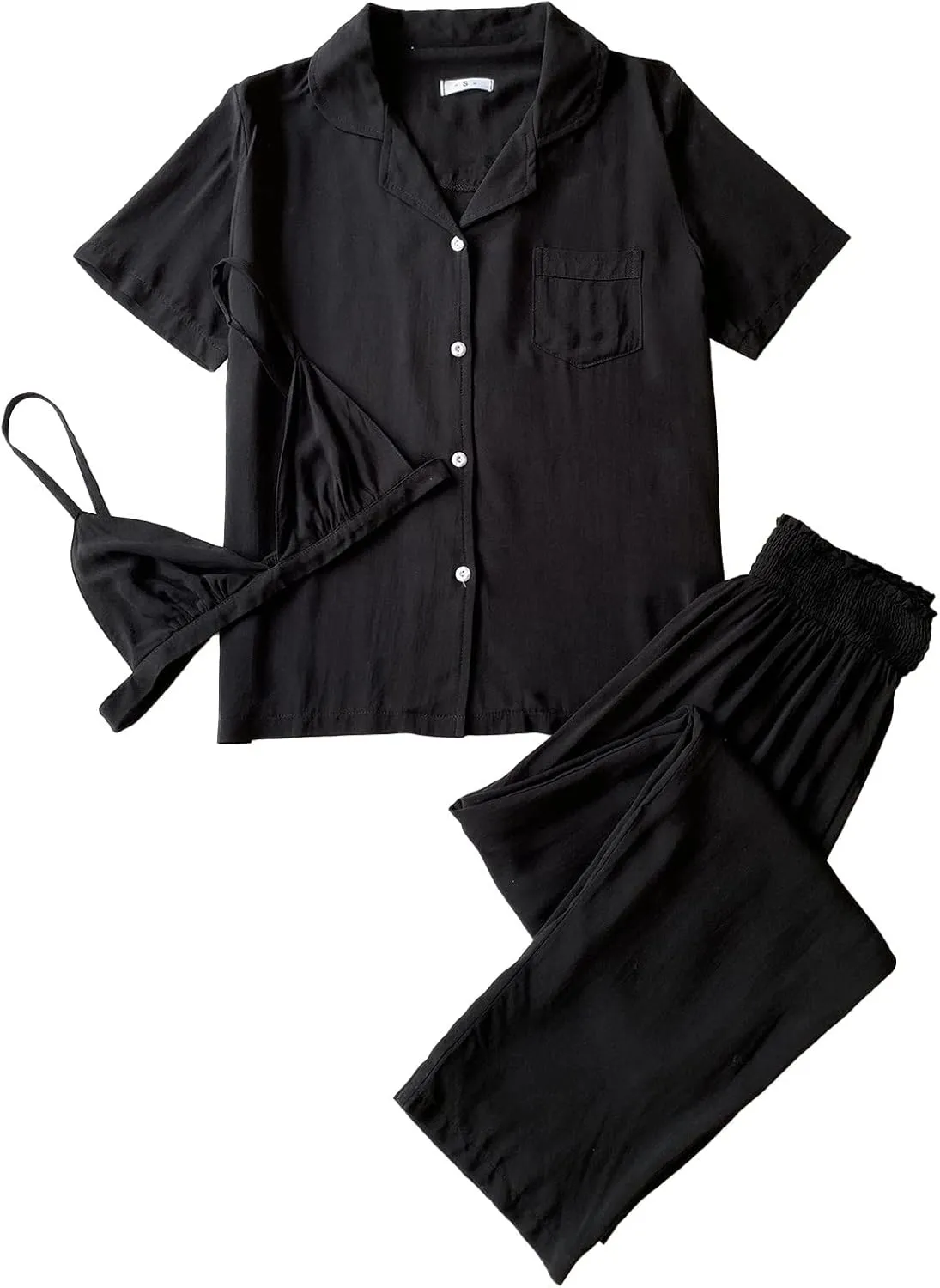 Women's Pajamas Set, 3 Piece Pjs Lounge Sets Button Down Short Sleeve Sleepwear Nightwear Soft Long Pants with Bra