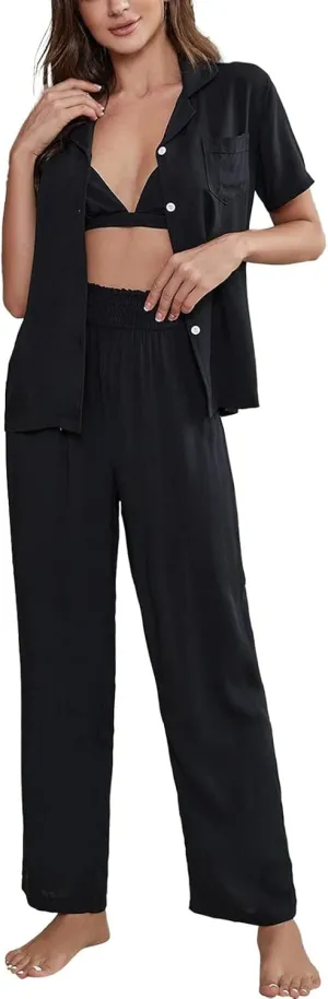 Women's Pajamas Set, 3 Piece Pjs Lounge Sets Button Down Short Sleeve Sleepwear Nightwear Soft Long Pants with Bra